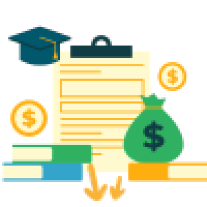 an icon with a bag of money with a dollar sign, a graduation cap, and books